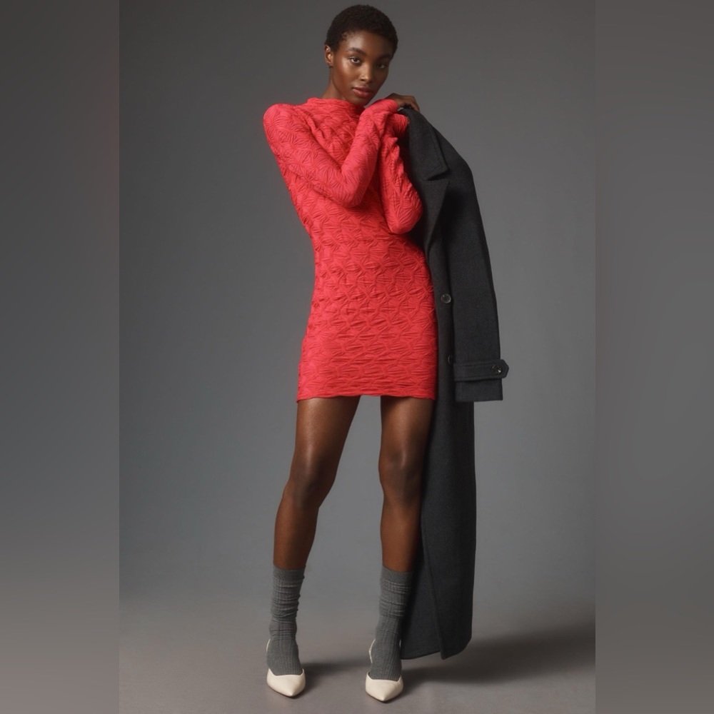 ✨ Anthropologie Long-Sleeve Scrunch Textured Mini Dress Sz LP - Picture 2 of 12